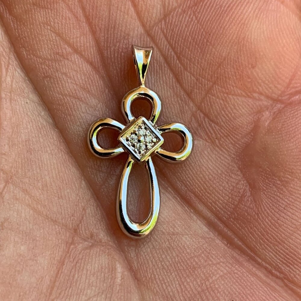 Small Cross Silver-Tone Pendant With Cubic Zirconia Accents - Picture 8 of 9